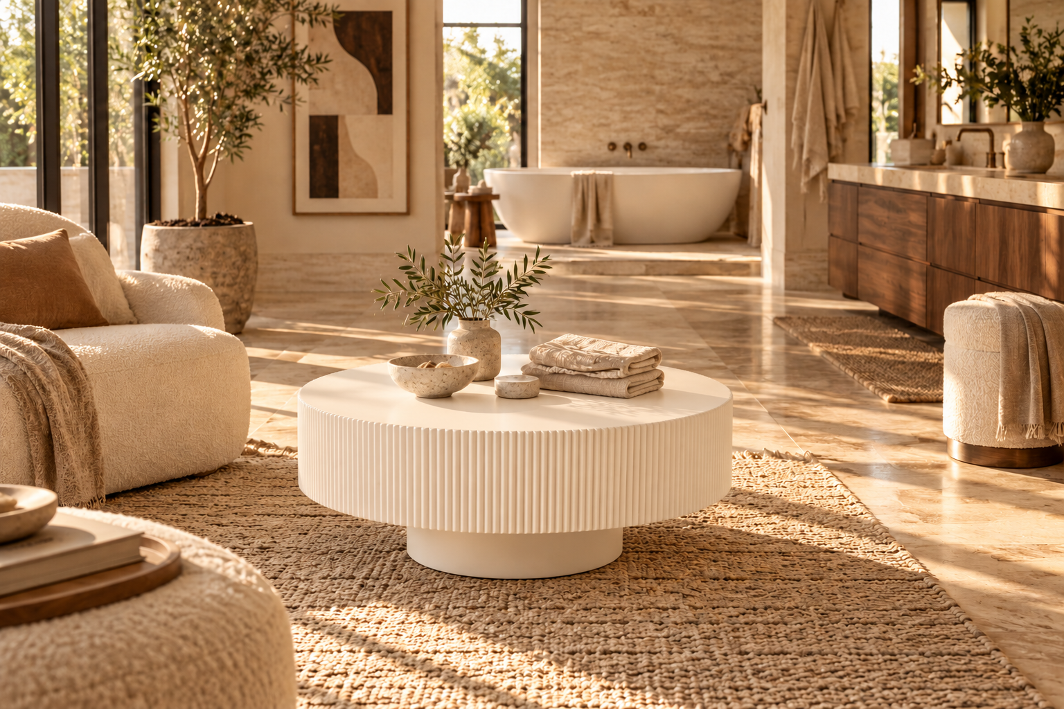 Baño de travertino con mesa marfil en la zona seca de descanso.