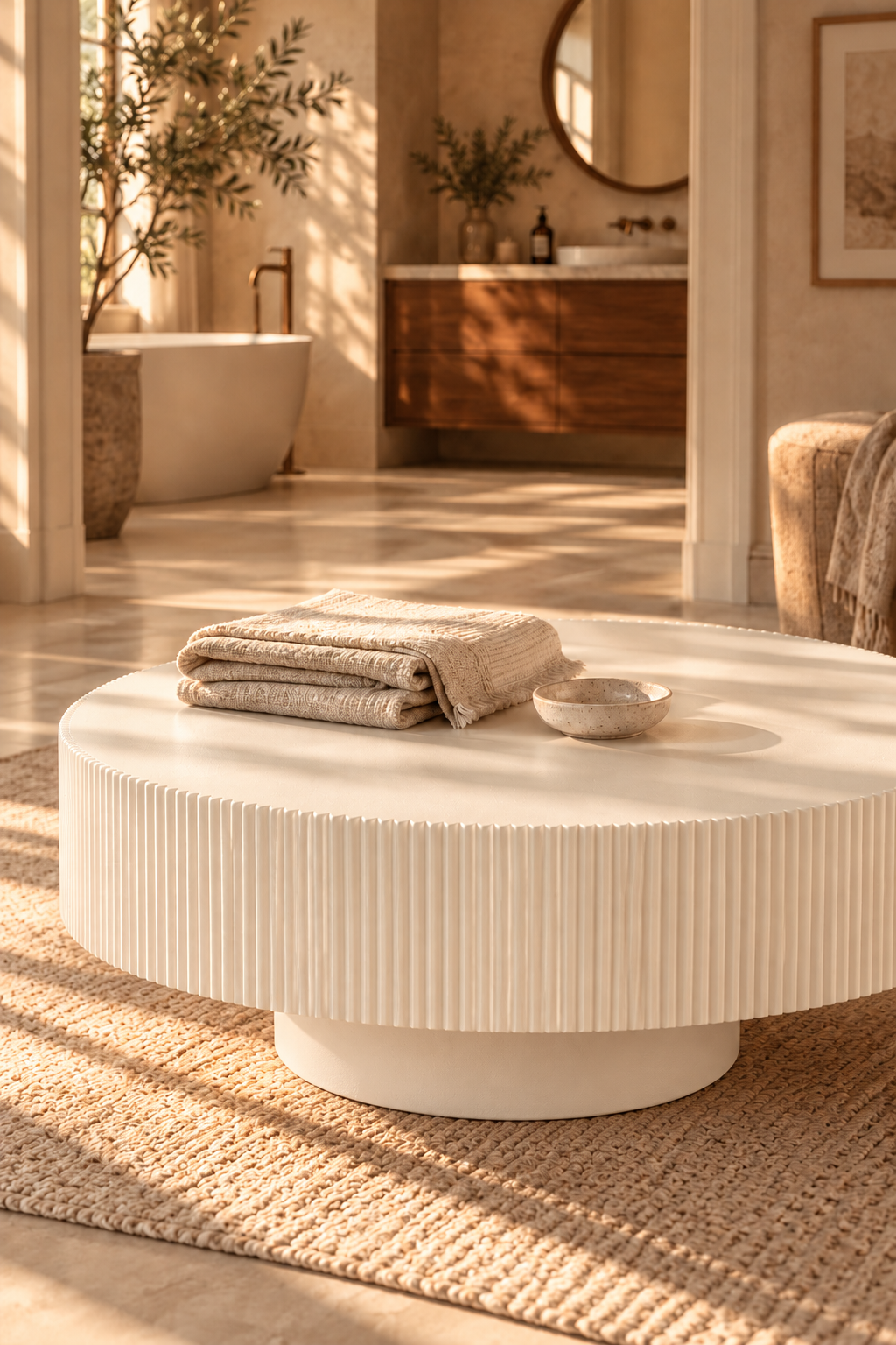 Detalle de mesa marfil con textiles y baño desenfocado al fondo.