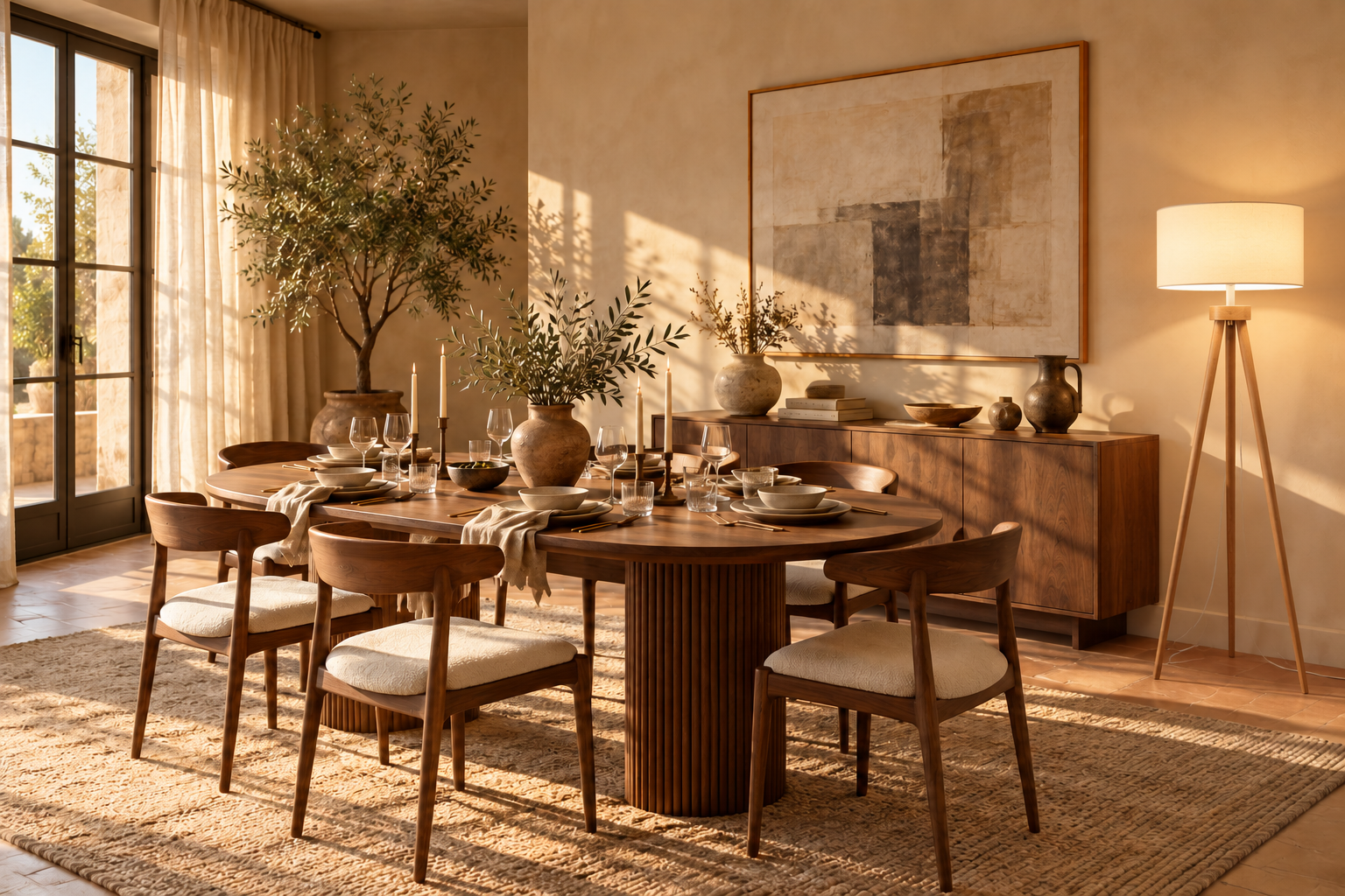 Comedor decorado con mesa puesta y lámpara trípode de nogal.