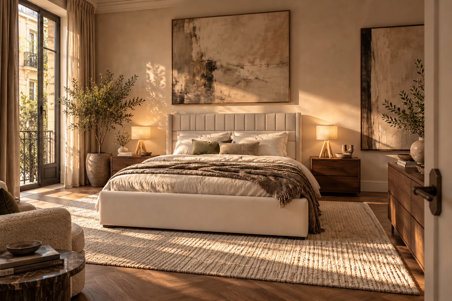 Dormitorio beige con cuadros, plantas y lámparas de madera.
