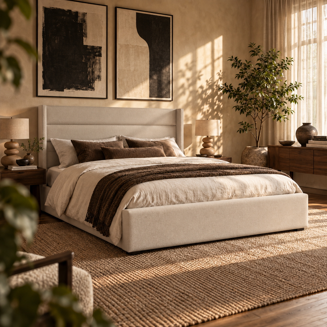 Dormitorio con cama beige y sombras botánicas sobre el lino.