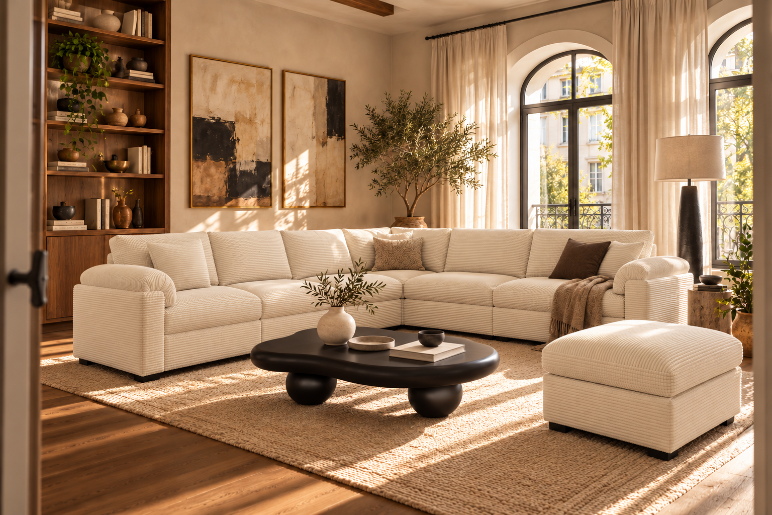 Salón completo con sofá beige y mesa negra, cuadros y plantas bajo luz natural.