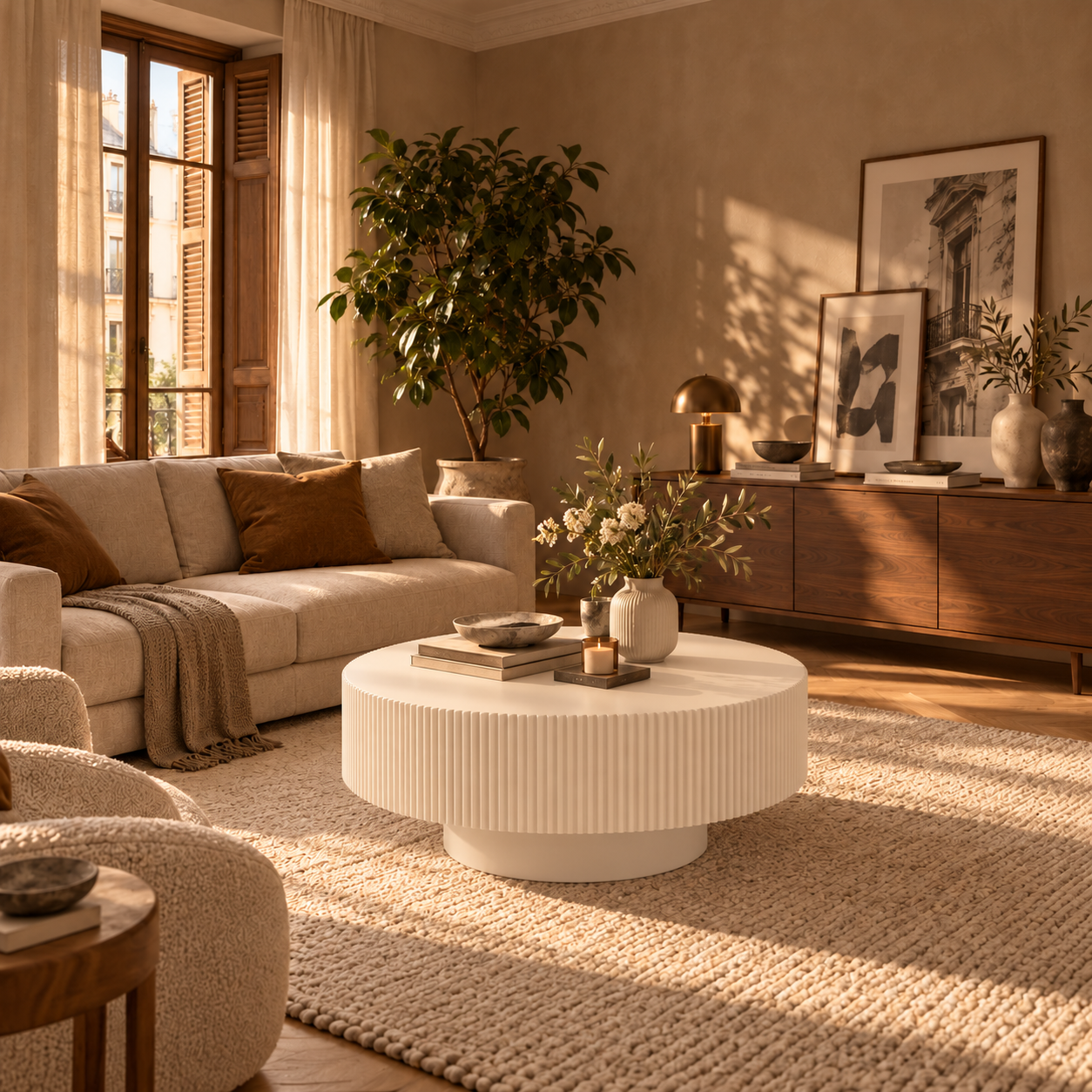 Salón decorado con mesa marfil acanalada y sombras de tarde.