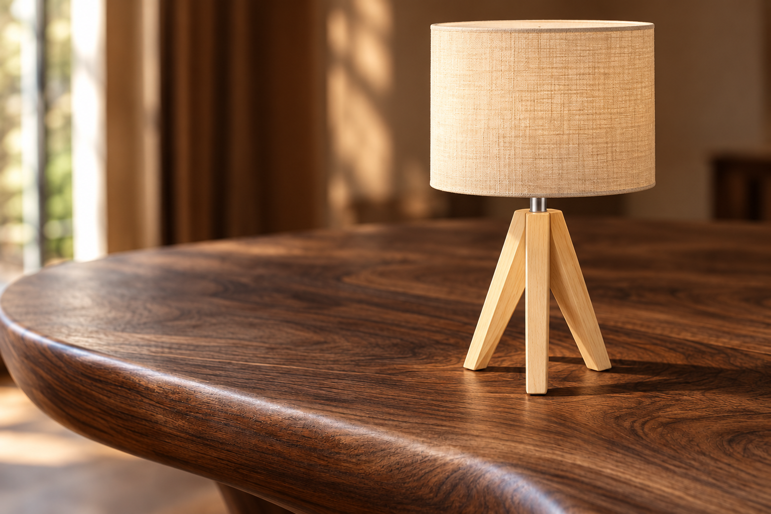 Detalle de la veta y el borde curvo de un mueble de nogal